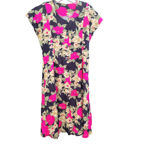 Vintage Black‎ Pink Floral Flutter Short Sleeve Scoop Neck Fit Flare Midi Dress - Picture 1 of 8